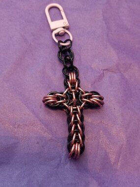 Pink & Black Chain Mail Cross Keychain/bag charm